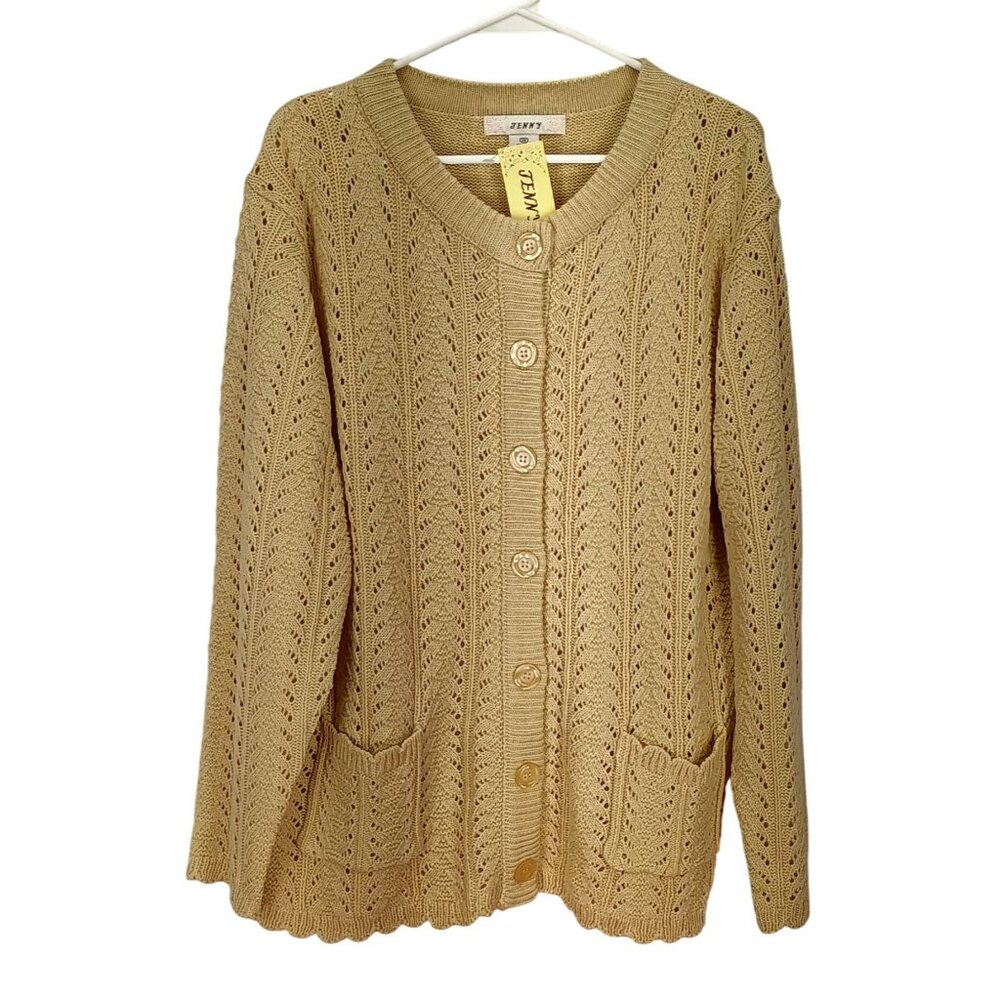Jenny Womens 1X‎ Beige Tan Acrylic Knit Cardigan Sweater Button Front & Pockets